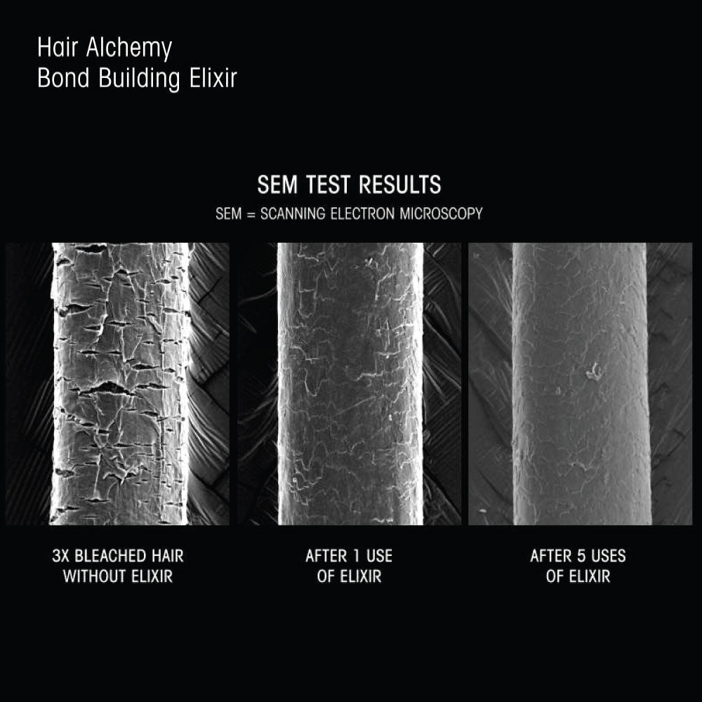 SEM test results showing improved hair cuticle structure after using Oribe Hair Alchemy Bond Building Elixir