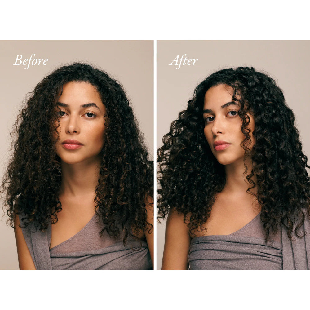 Before and after using Oribe Mystify spray to revive curls and reduce frizz