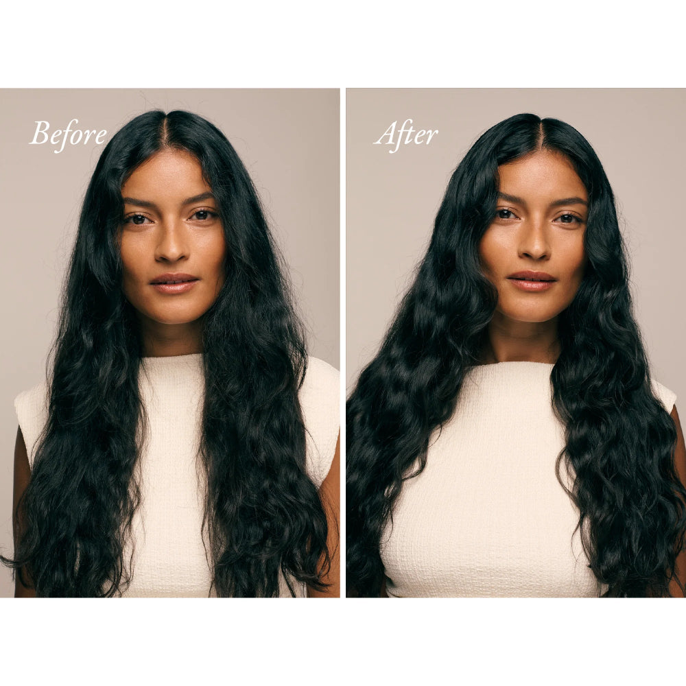 Before and after restyling with Oribe Mystify spray for refreshed soft waves