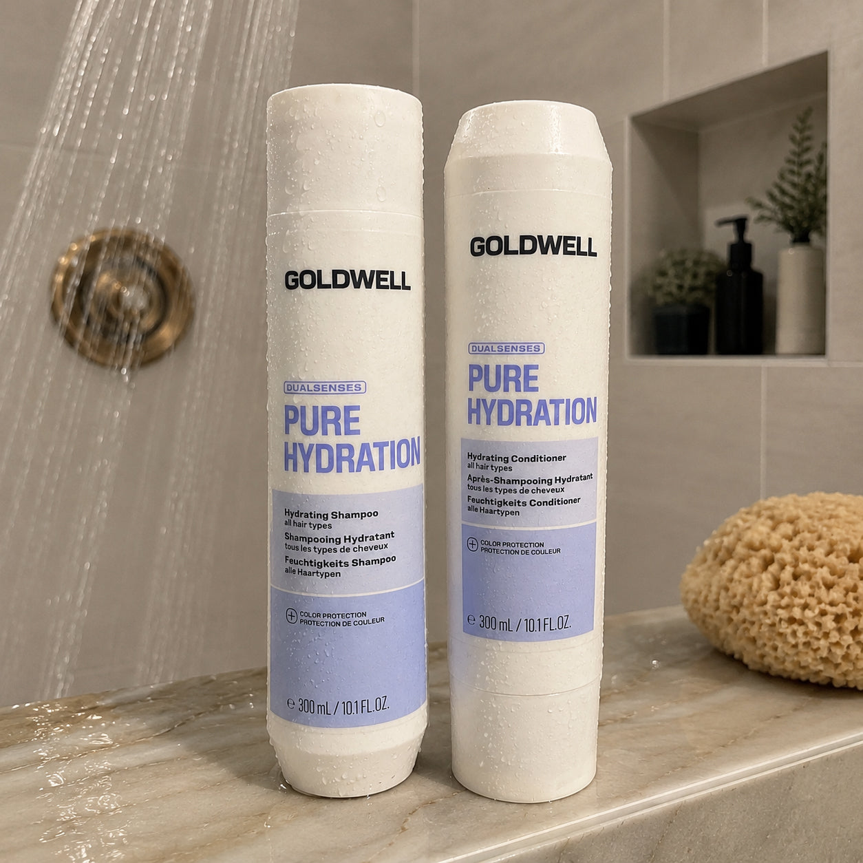 Goldwell Dualsenses Pure Hydration shampoo and conditioner displayed in shower for a moisturizing hair care routine