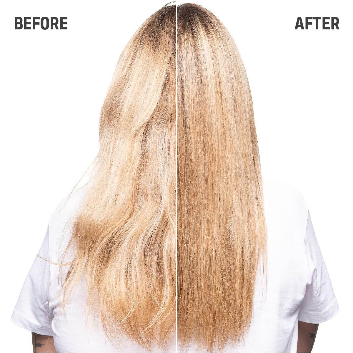before and after hair showing smoother stronger healthier blonde hair after using repairing serum spray