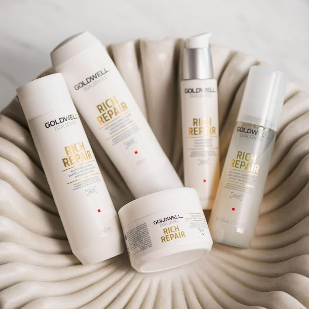 Goldwell Rich Repair hair care collection including shampoo conditioner and serum for damaged hair repair