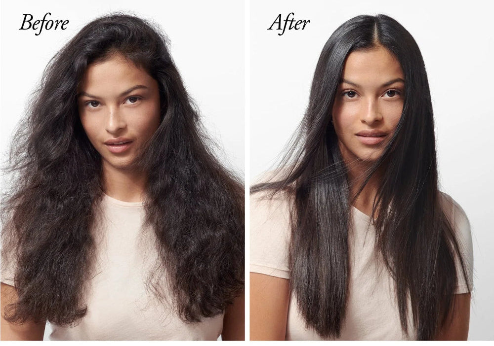 Before and after results using Oribe Royal Blowout spray for smooth shiny frizz-free hair