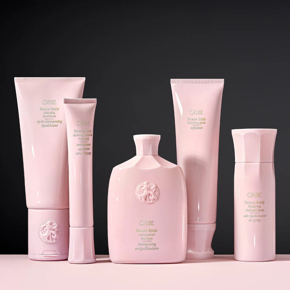 group of products from Oribe Serene Scalp collection against a dark background