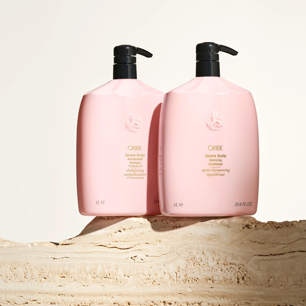 Oribe Serene Scalp anti-dandruff shampoo and conditioner liter sizes for professional scalp treatment