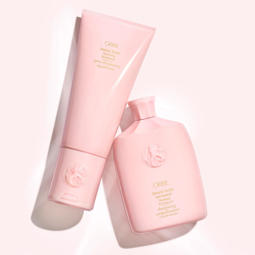 Oribe Serene Scalp anti-dandruff shampoo and conditioner set for flake control and scalp hydration