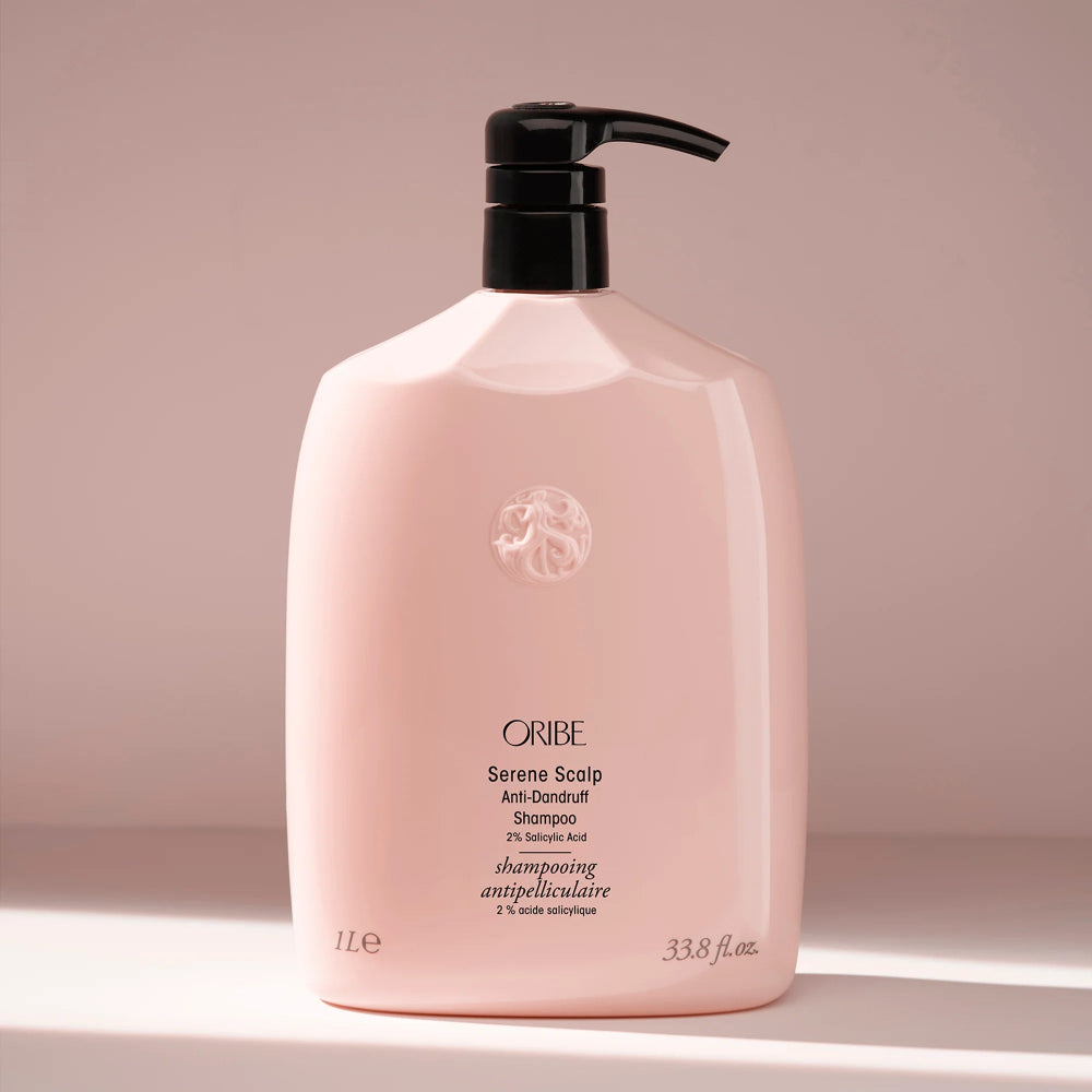Oribe Serene Scalp Anti-Dandruff Shampoo pump bottle for easy application and scalp treatment