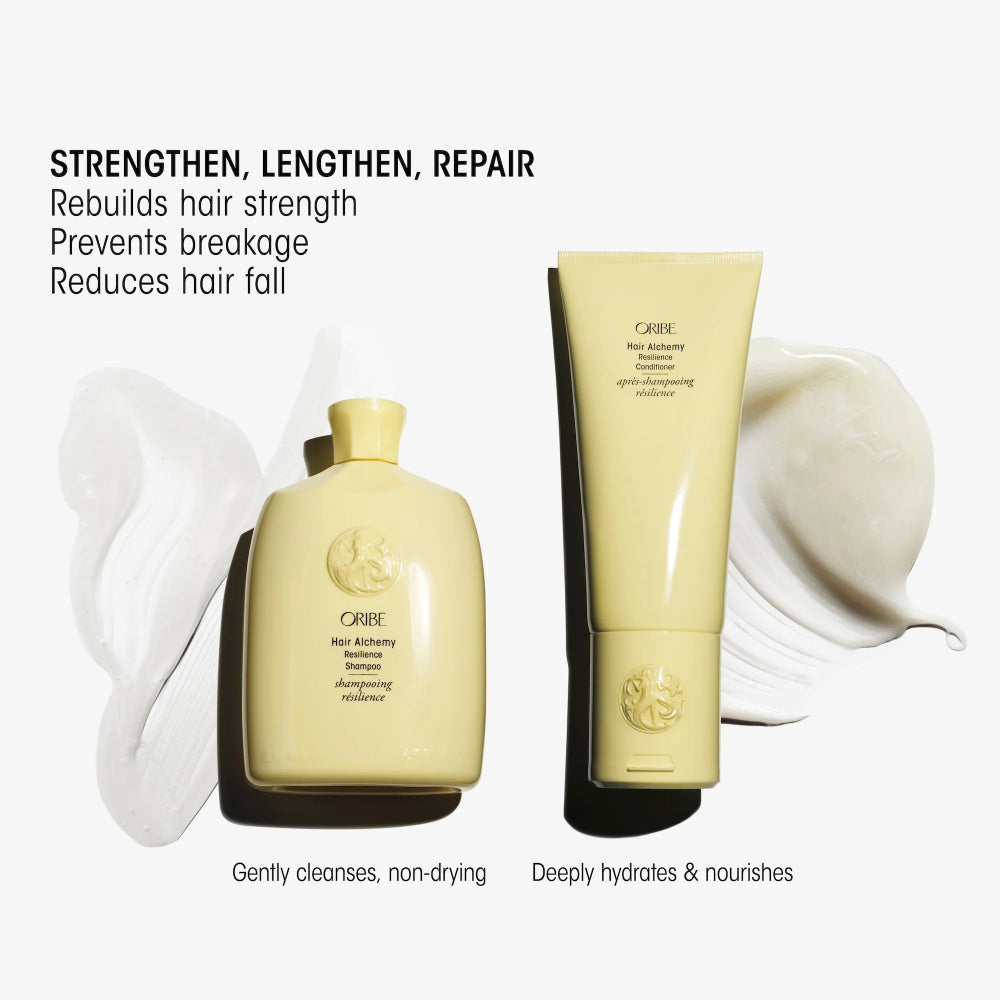 Oribe Hair Alchemy Resilience Shampoo and Resilience Conditioner for strengthening, hydrating, and helping protect fragile hair from breakage