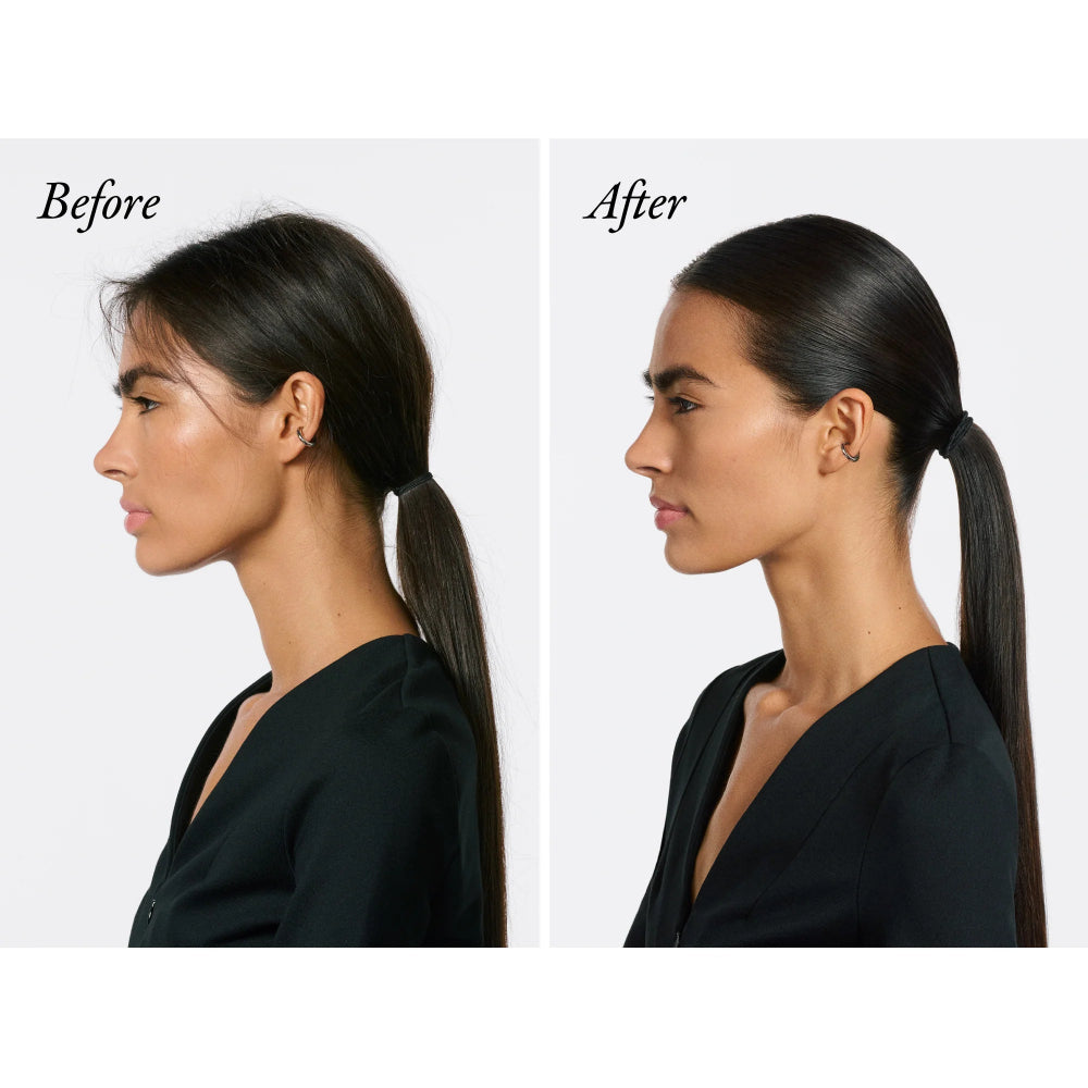 Before and after using Oribe Wax Stick for smooth sleek ponytail and frizz control