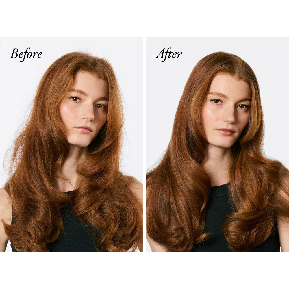 before and after results showing improved smoothness and reduced tangles with Oribe Run-Through detangling spray