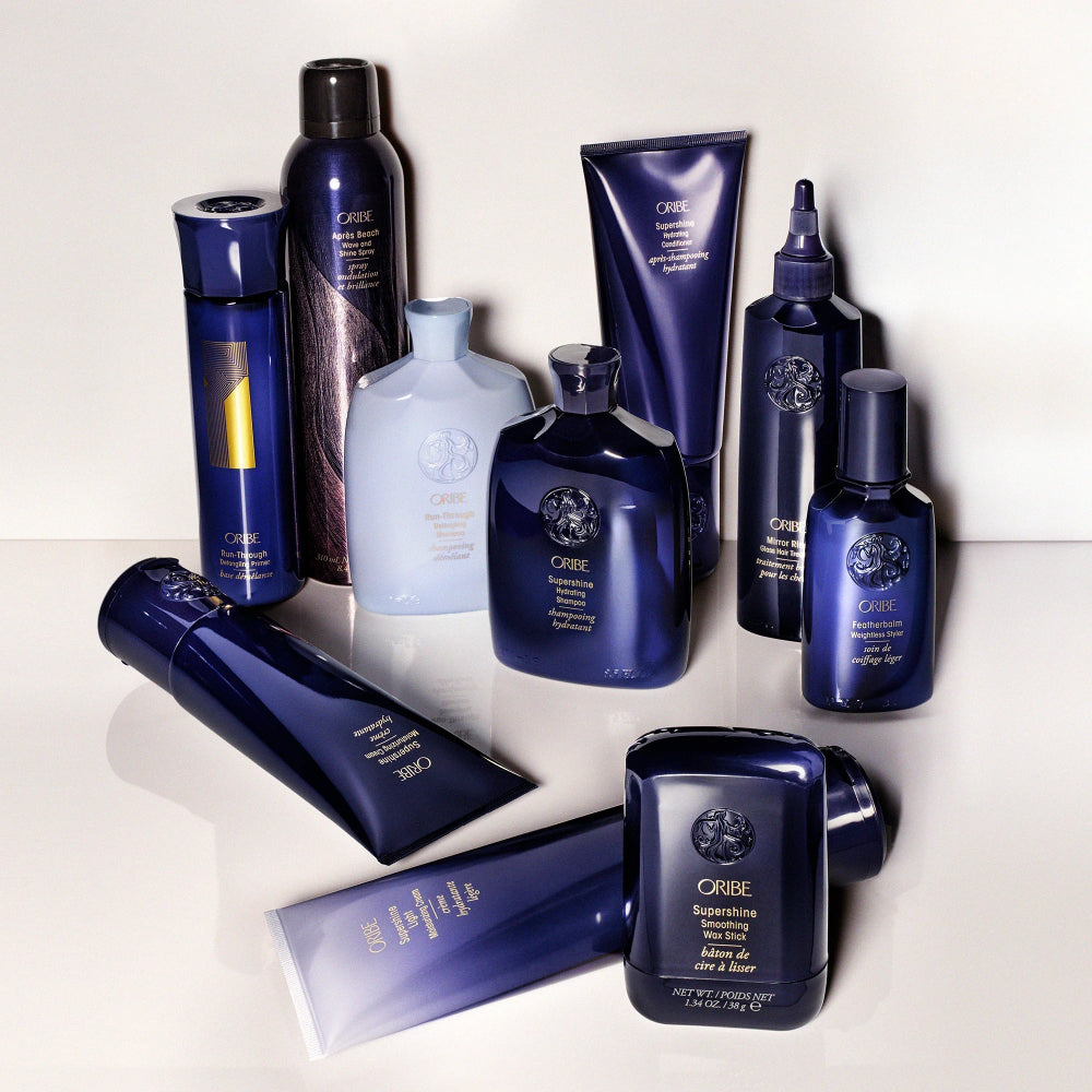 Oribe Supershine styling collection showcasing smoothing and shine enhancing hair products